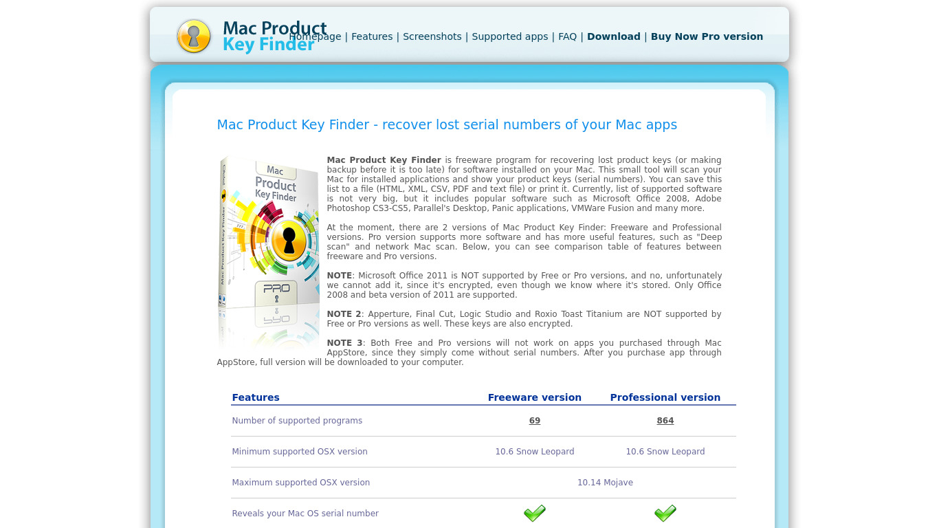 Mac Product Key Finder Landing page