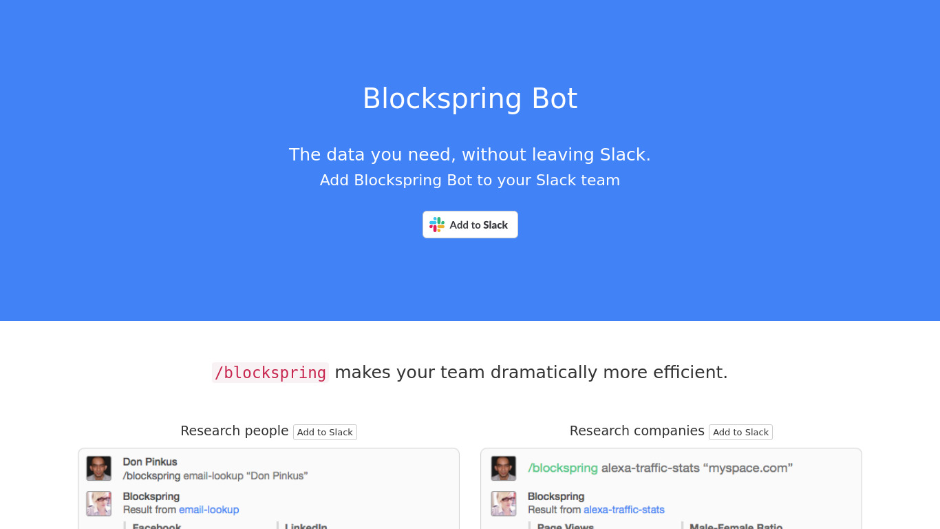 Blockspring Bot Landing page