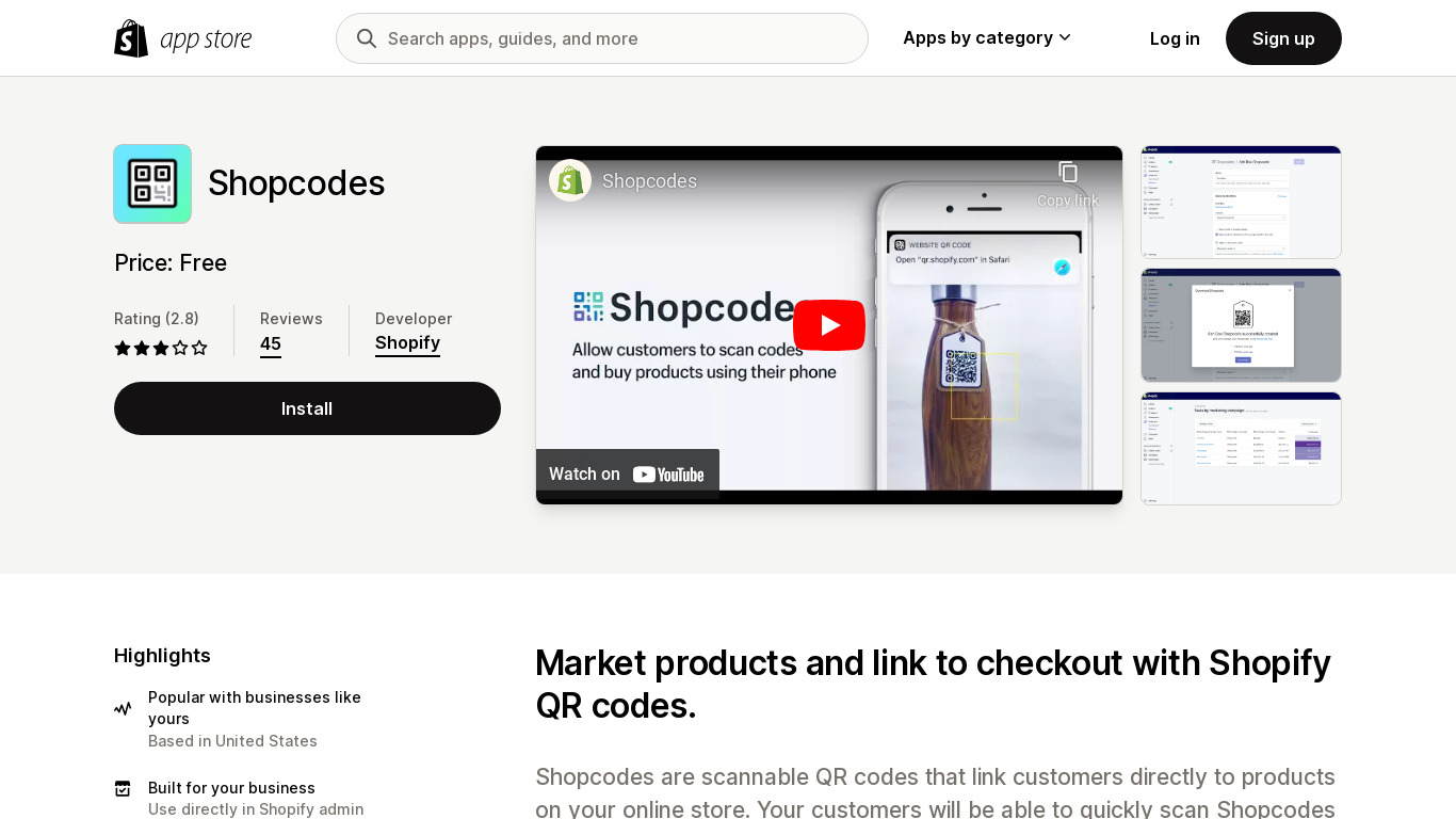 Shopify Shopcodes Landing page