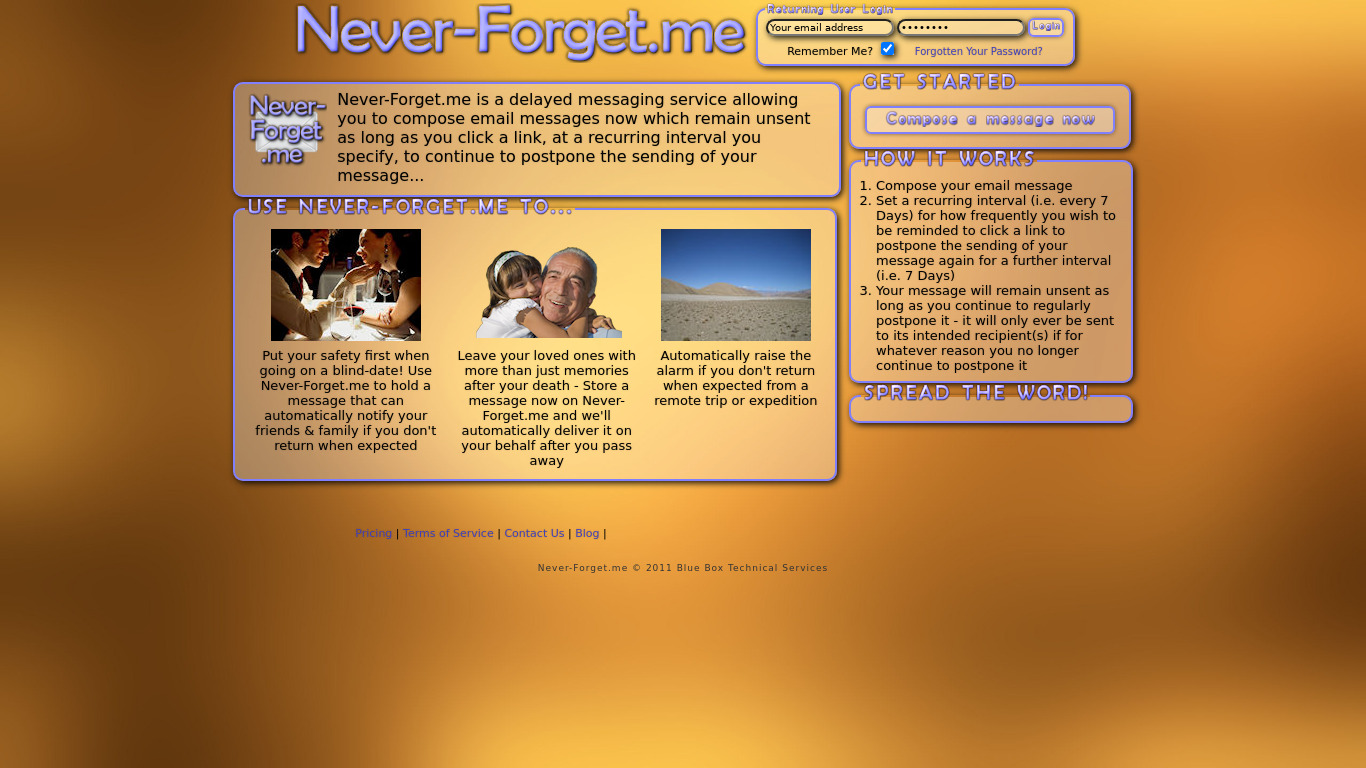 Never-Forget.me Landing page