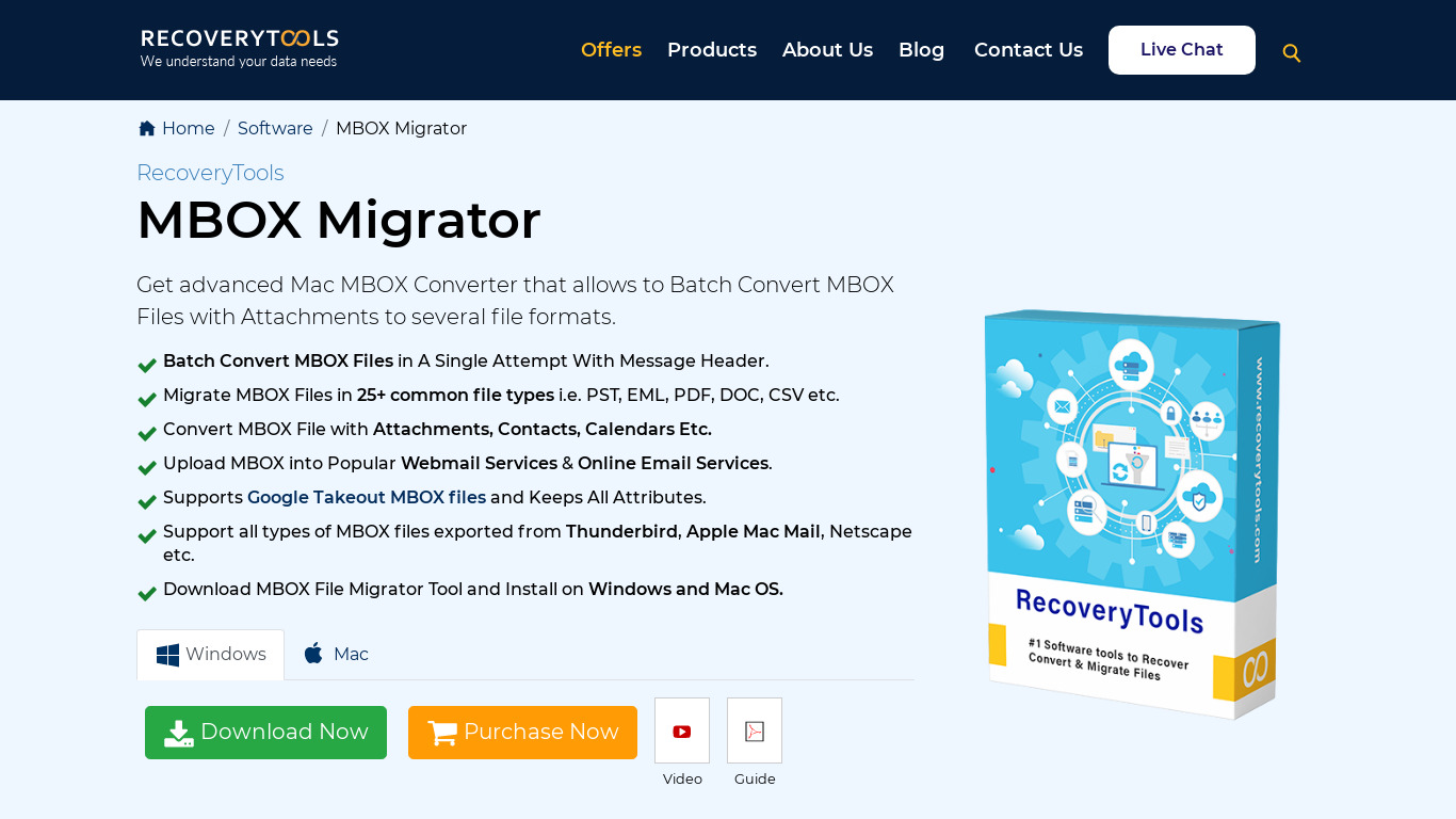 RecoveryTools MBOX Migrator Landing page