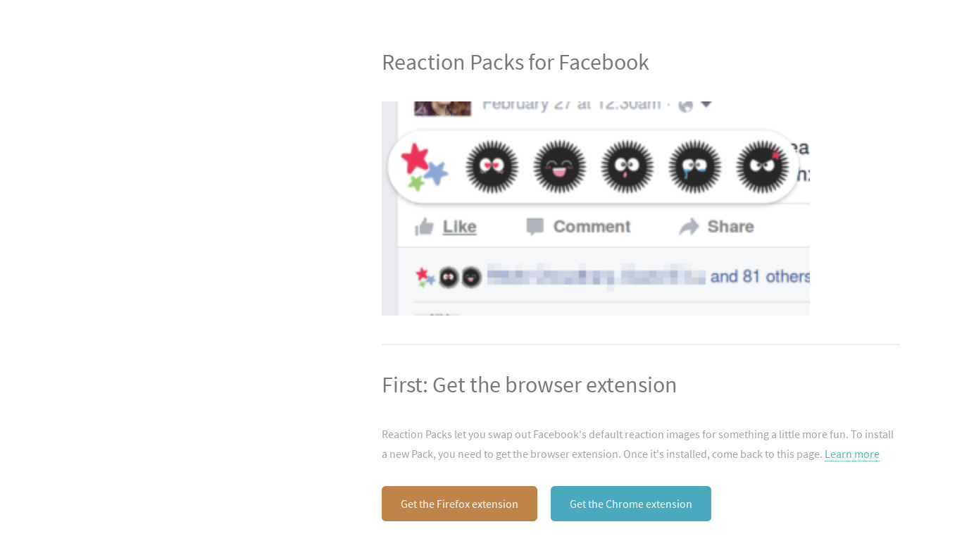 Reaction Packs for Facebook Landing page