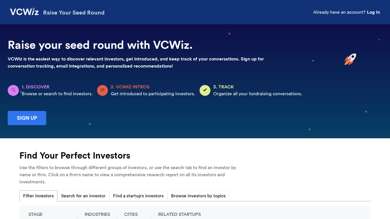 VCWiz.co Landing page
