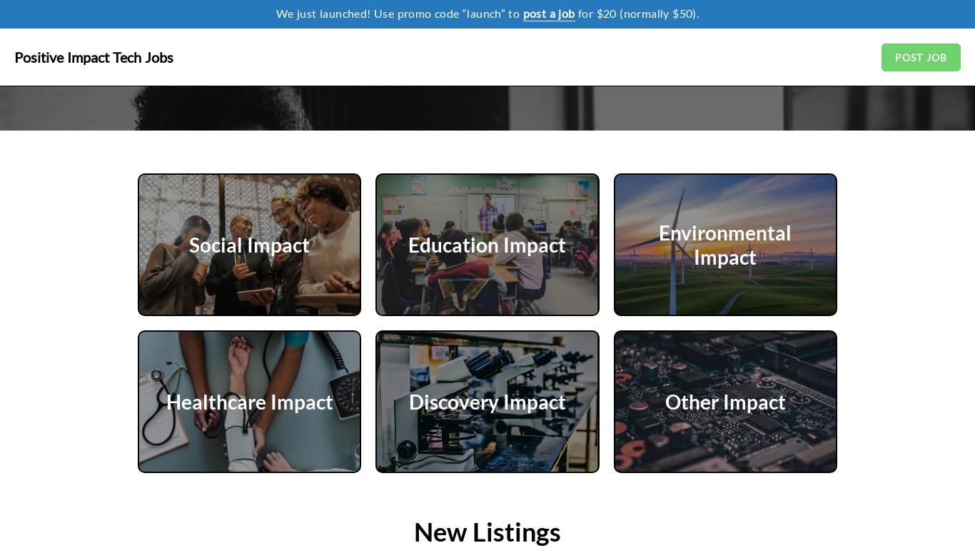 Positive Impact Tech Jobs Landing page