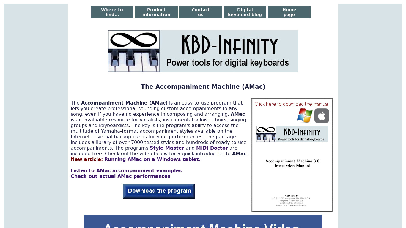kbd-infinity.com Accompaniment Machine Landing page