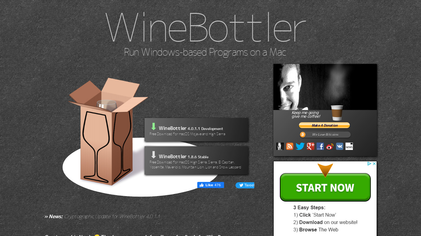 WineBottler Landing page
