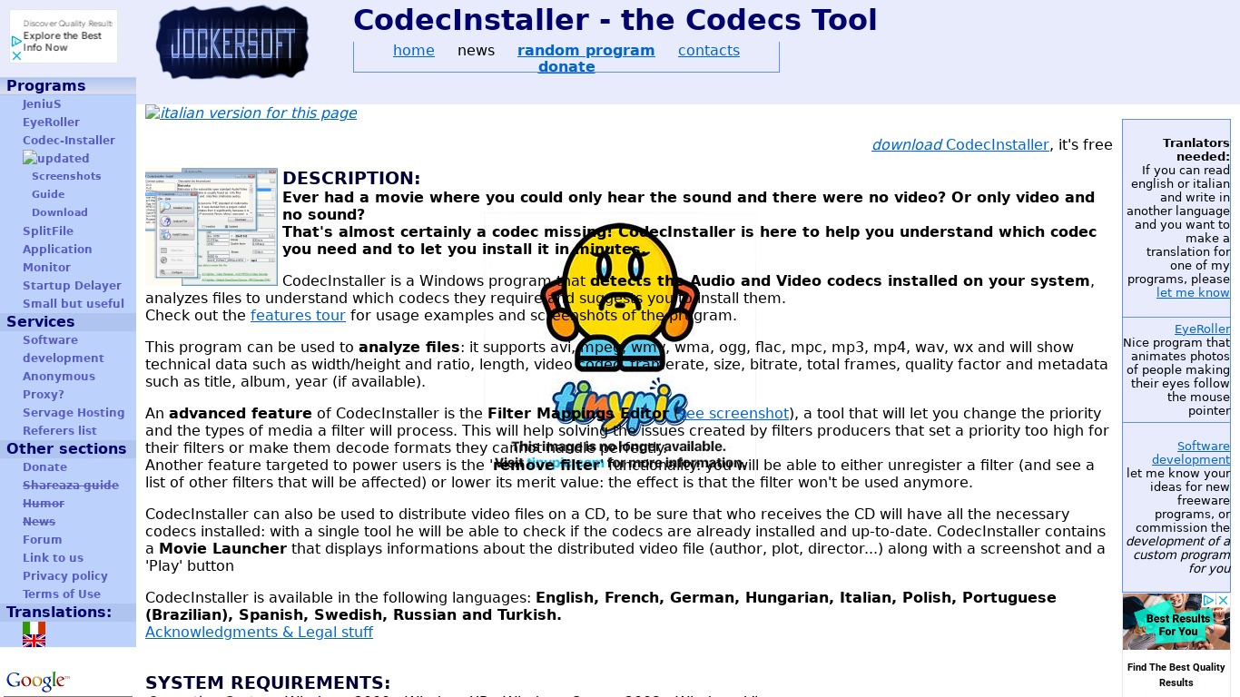 CodecInstaller Landing page