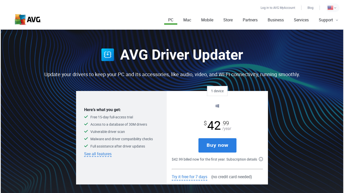 AVG Driver Updater Landing page