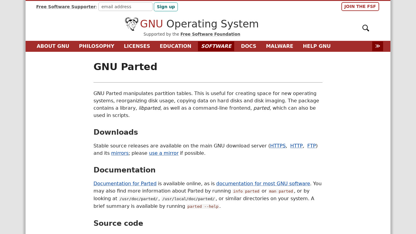 GNU Parted Landing page