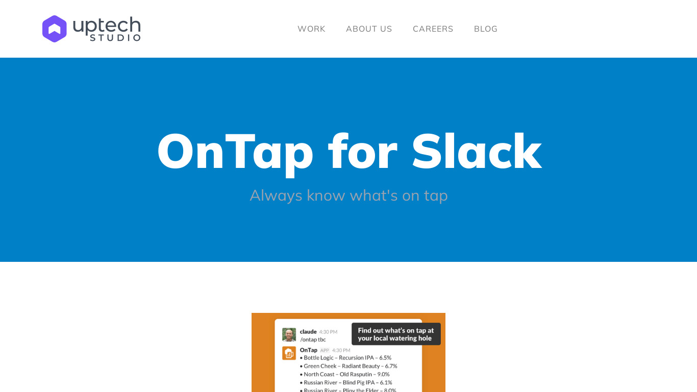 OnTap for Slack Landing page