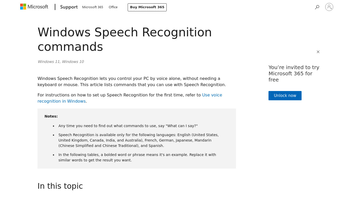 Windows Speech Recognition Landing page