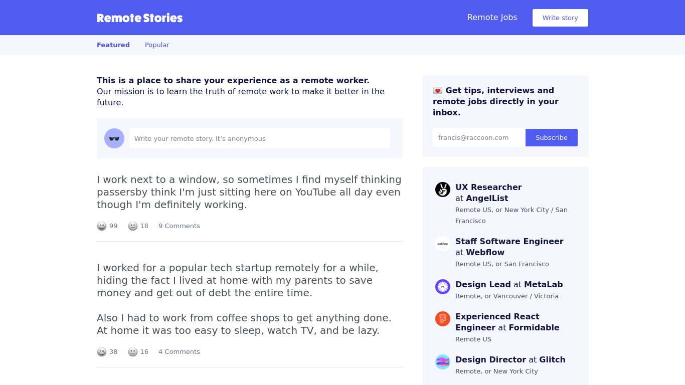 Remote Stories Landing page