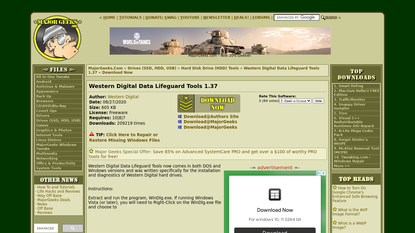 Data Lifeguard Diagnostic Landing page