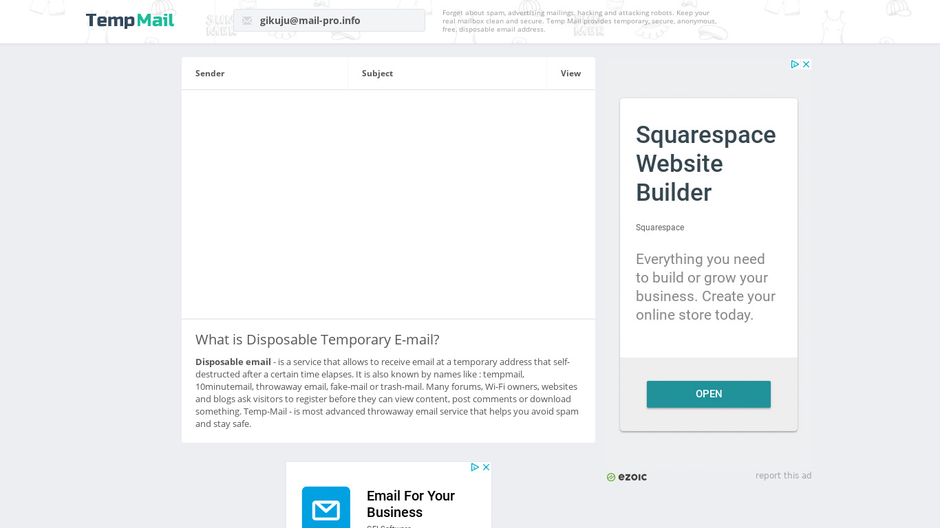 TempMail Landing page
