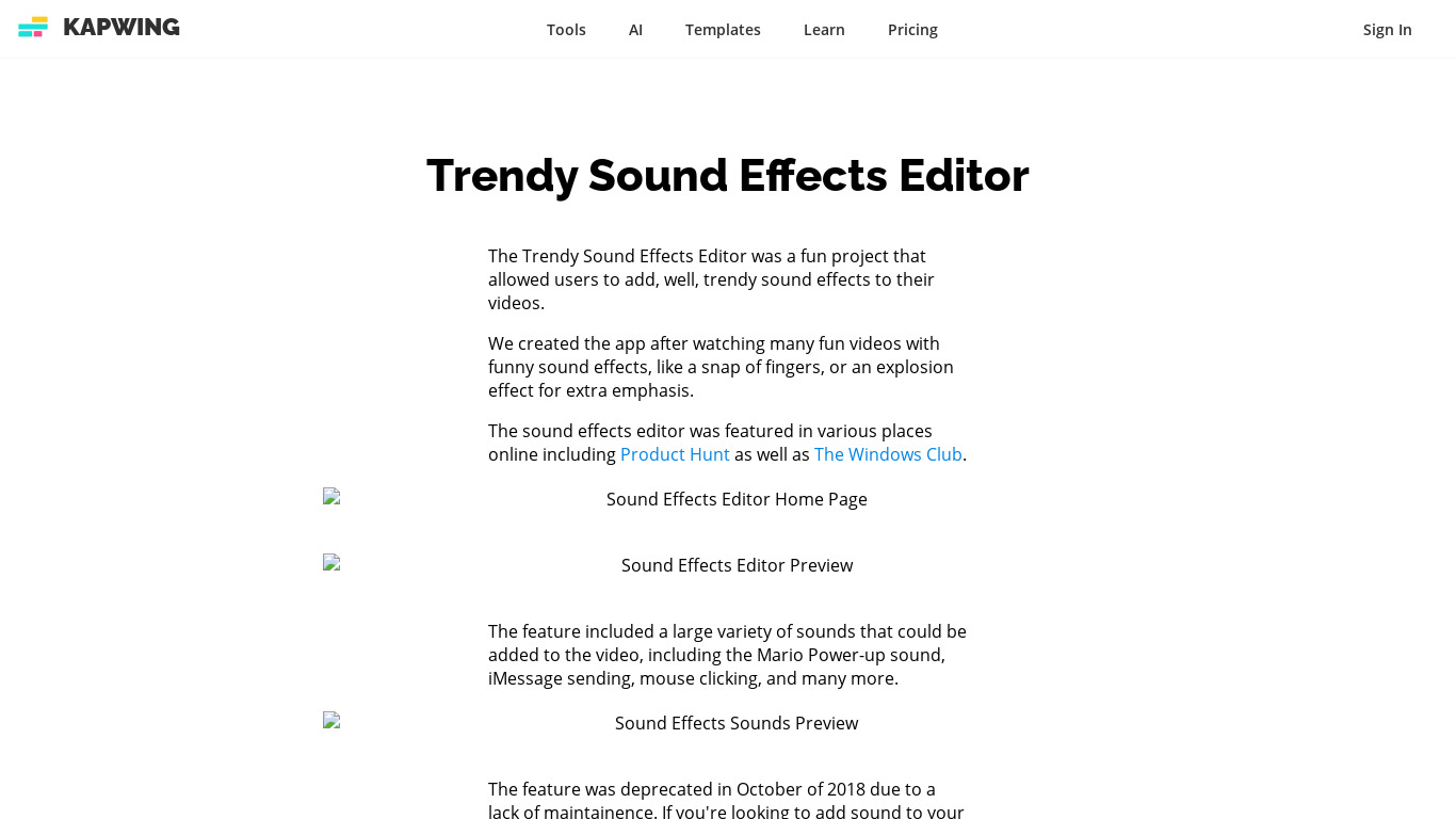 Trendy Sound Effect Editor Landing page