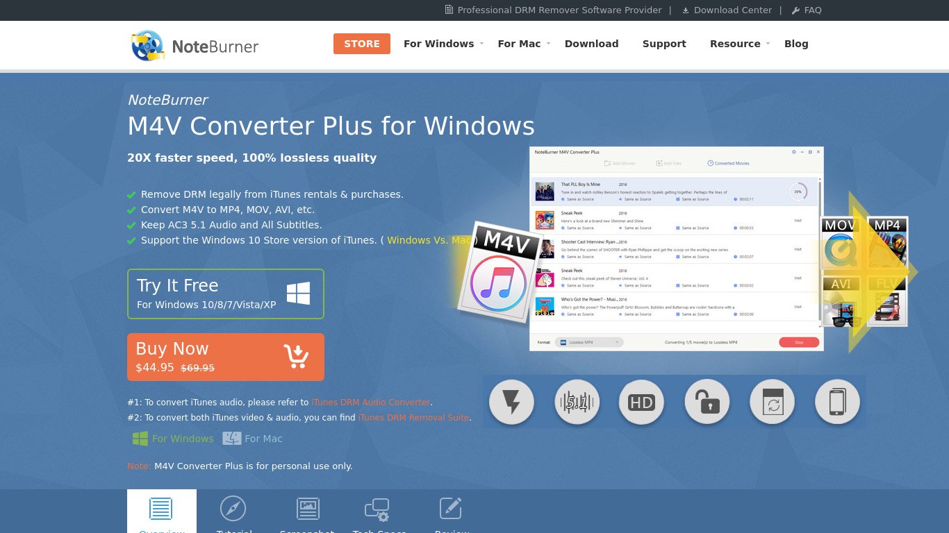 NoteBurner M4V Converter Plus Landing page