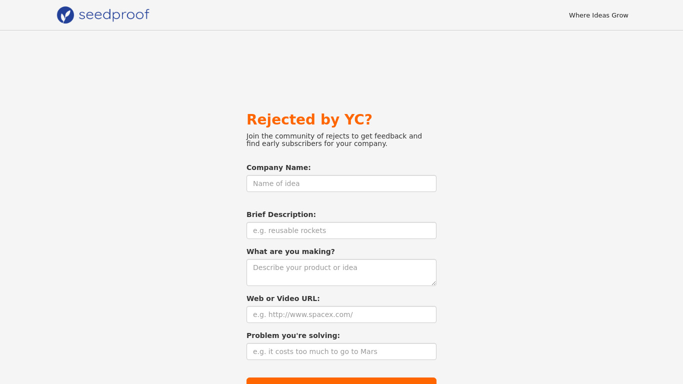 YC Rejects Landing page