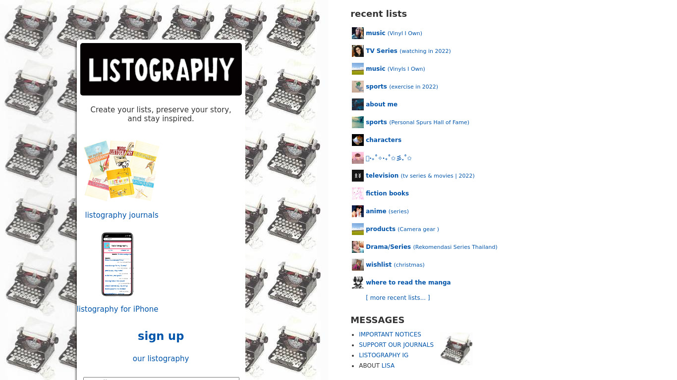 Listography Landing page