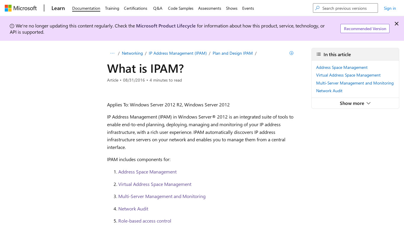 Microsoft IP Address Management Server Landing page
