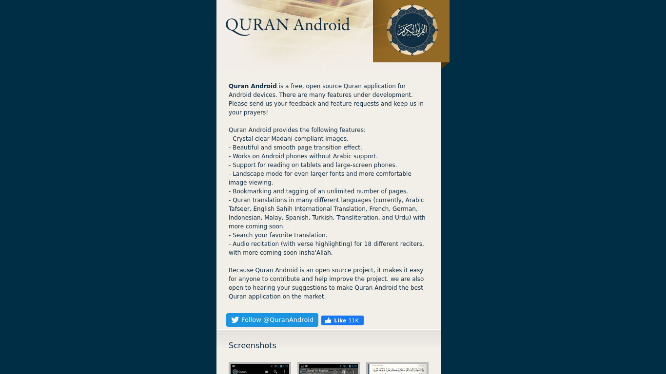 Quran for Android Landing page