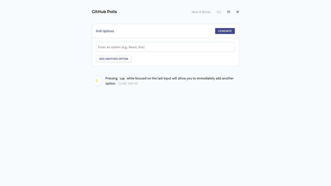 GitHub Polls Landing page