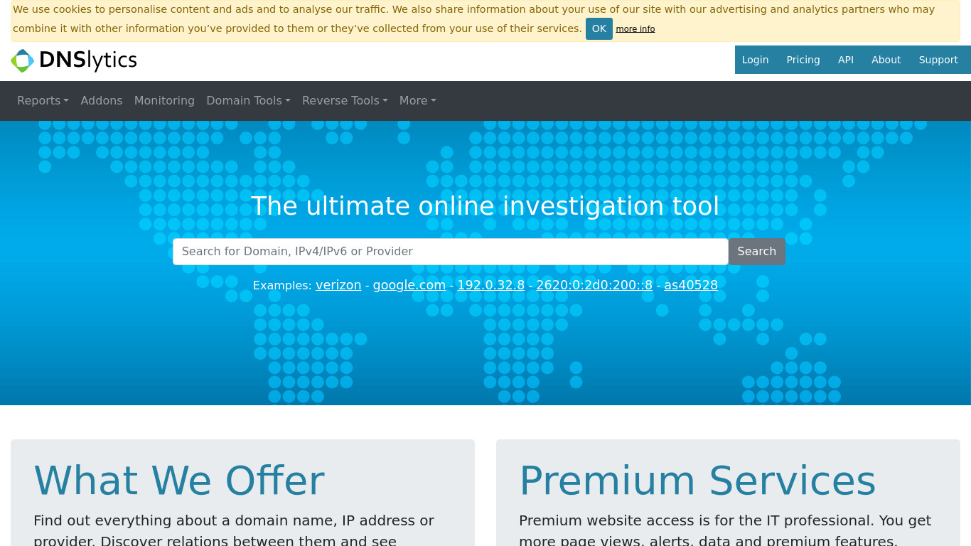 IP Address and Domain Information Landing page
