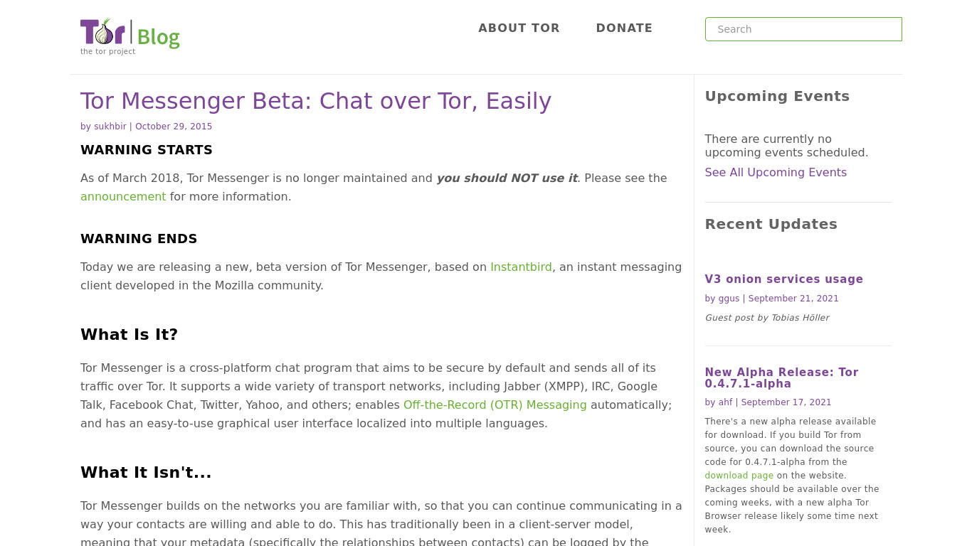 Tor Messenger Landing page
