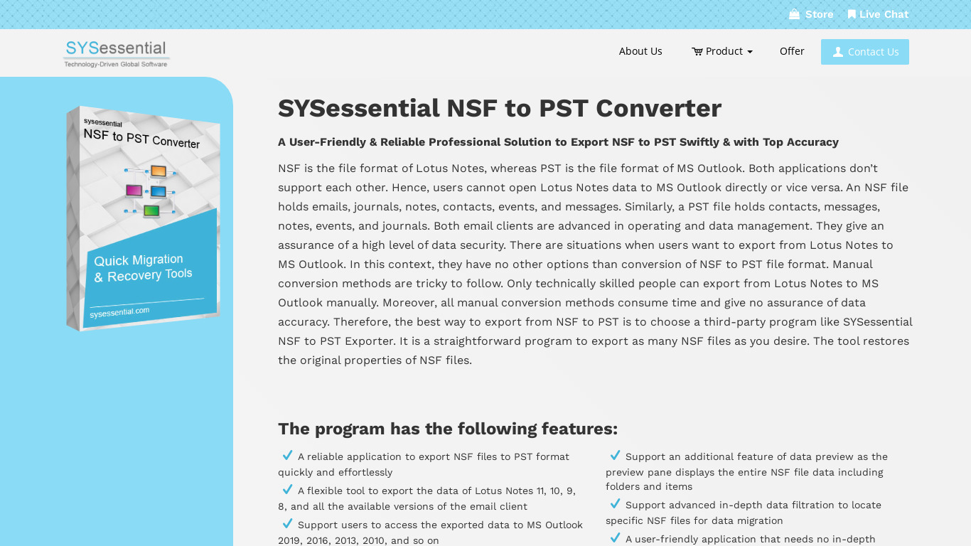 SYSessential NSF to PST Converter Landing page