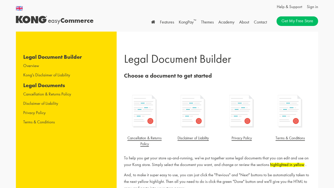 Kong Legal Document Builder Landing page