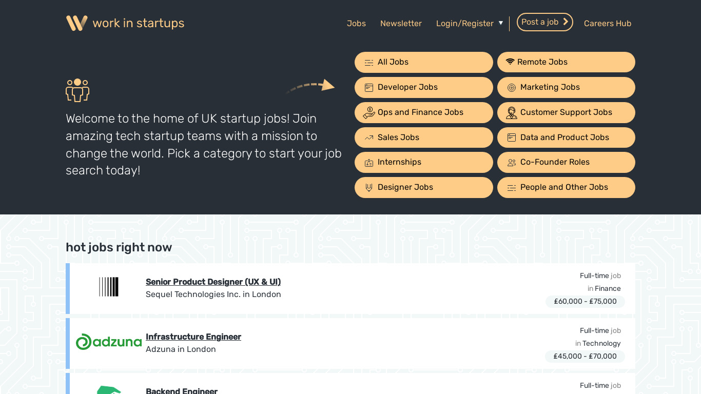 WorkinStartups.com Landing page