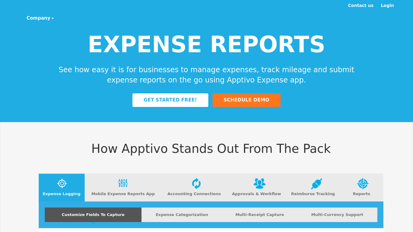 Apptivo Expense Reports Landing page