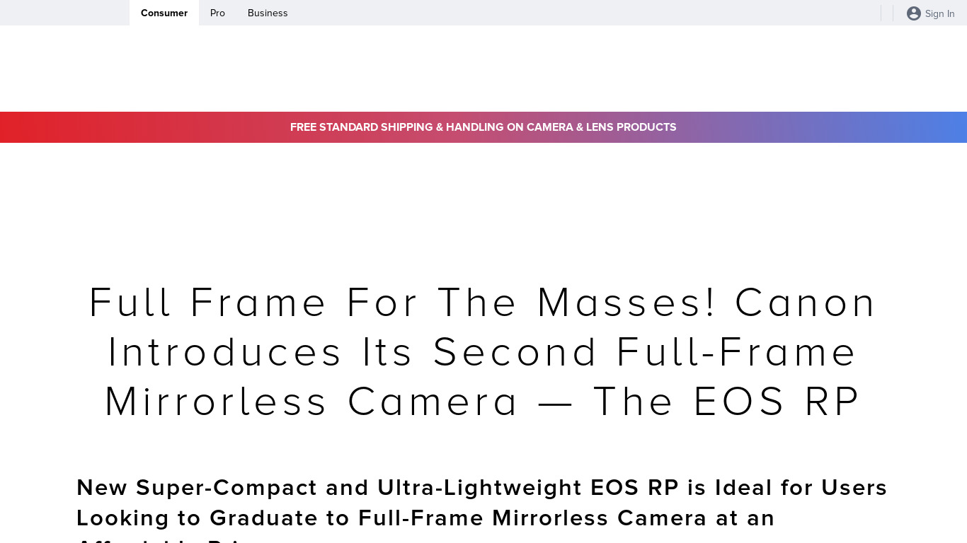 Canon EOS RP Landing page