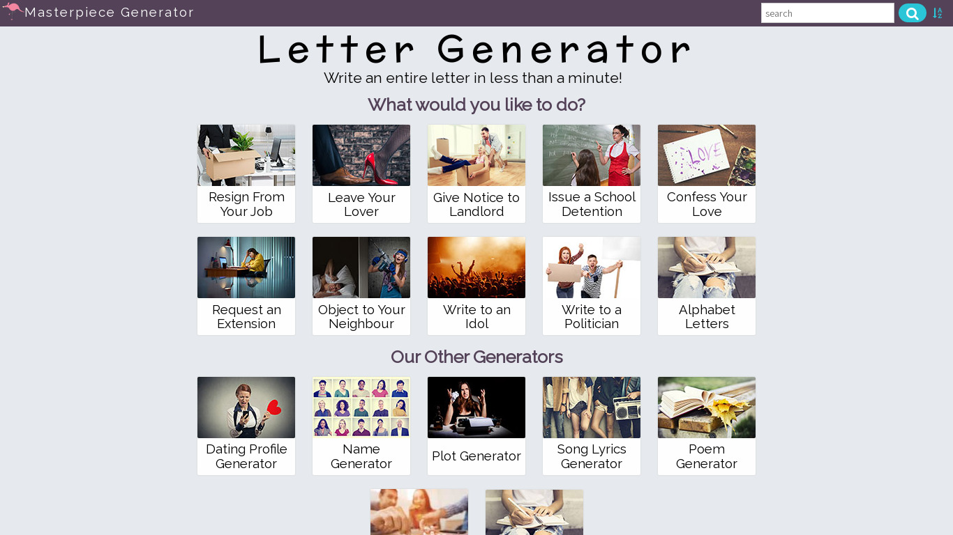 Letter Generator Landing page