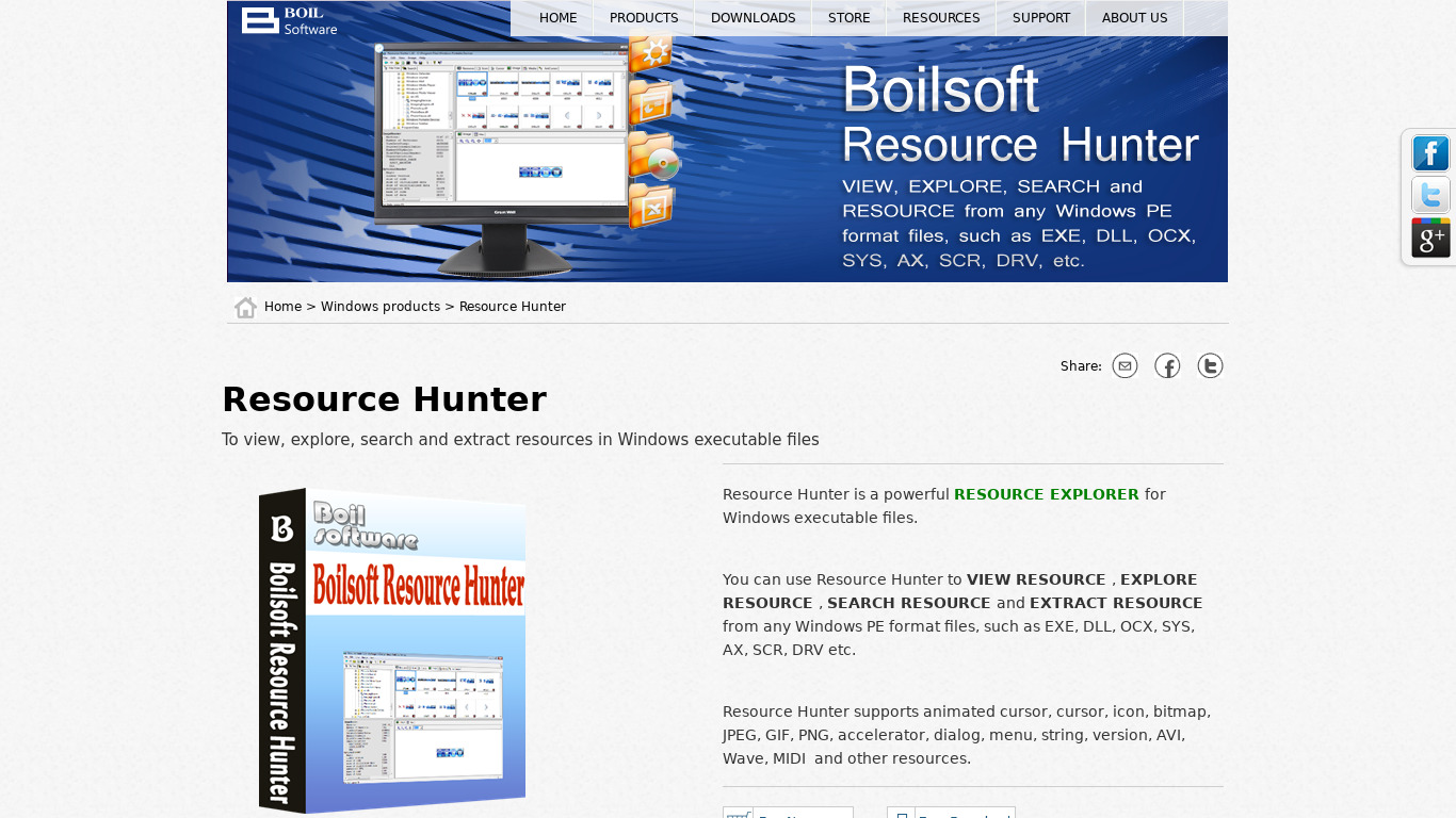 Boilsoft Resource Hunter Landing page