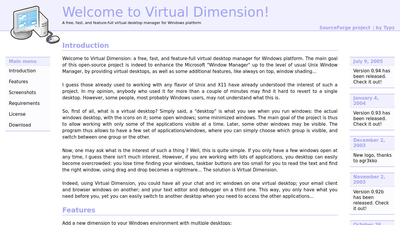 Virtual Dimension Landing page