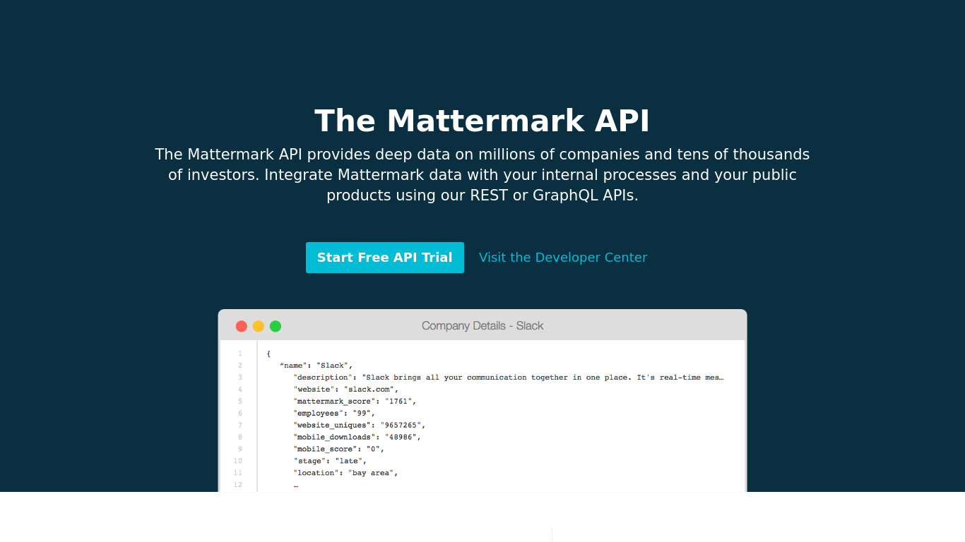 Mattermark API Landing page