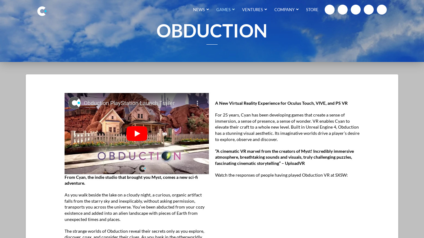 Obduction Landing page