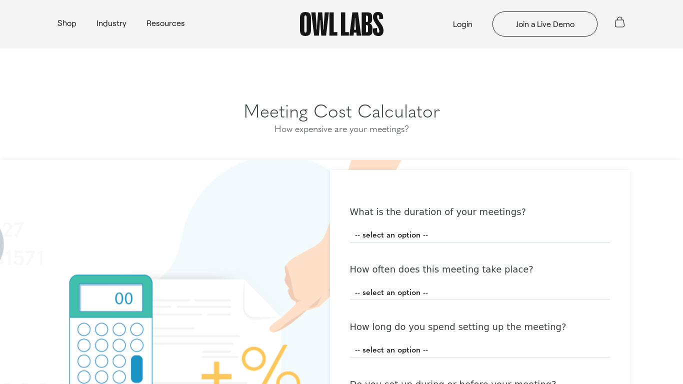 Meeting Cost Calculator Landing page
