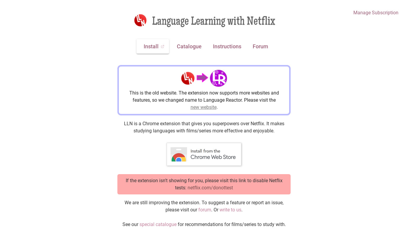 Language Learning with Netflix Landing page
