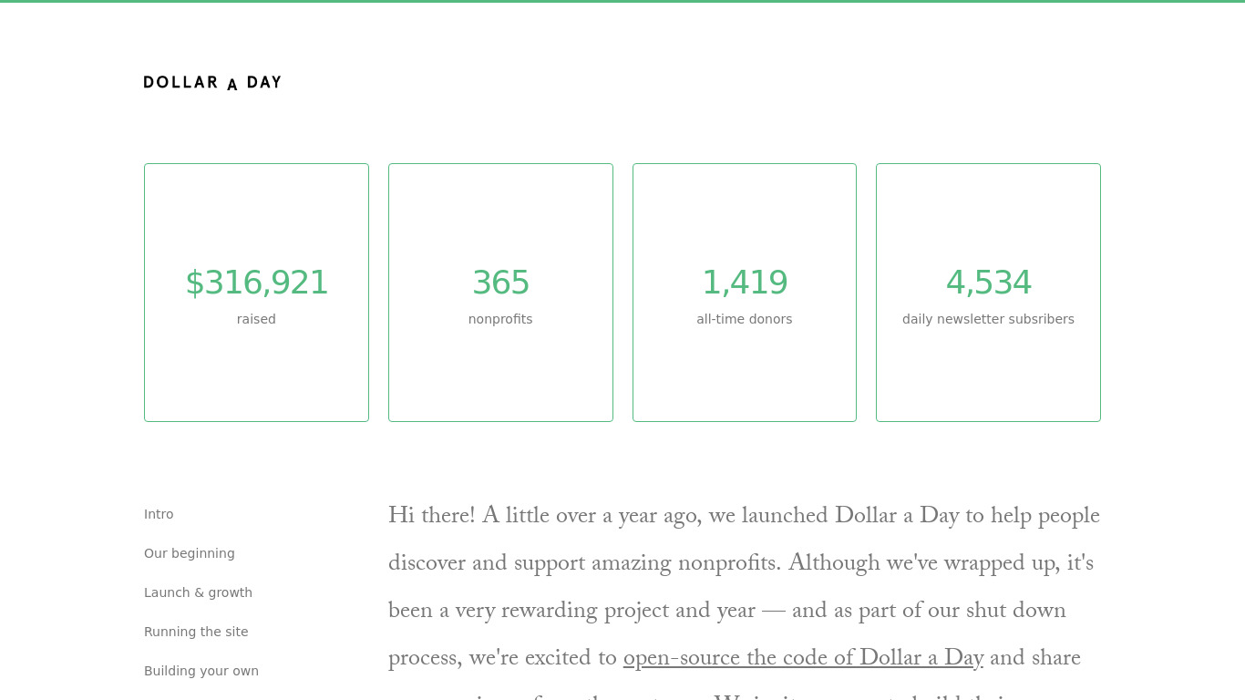 Dollar A Day Landing page