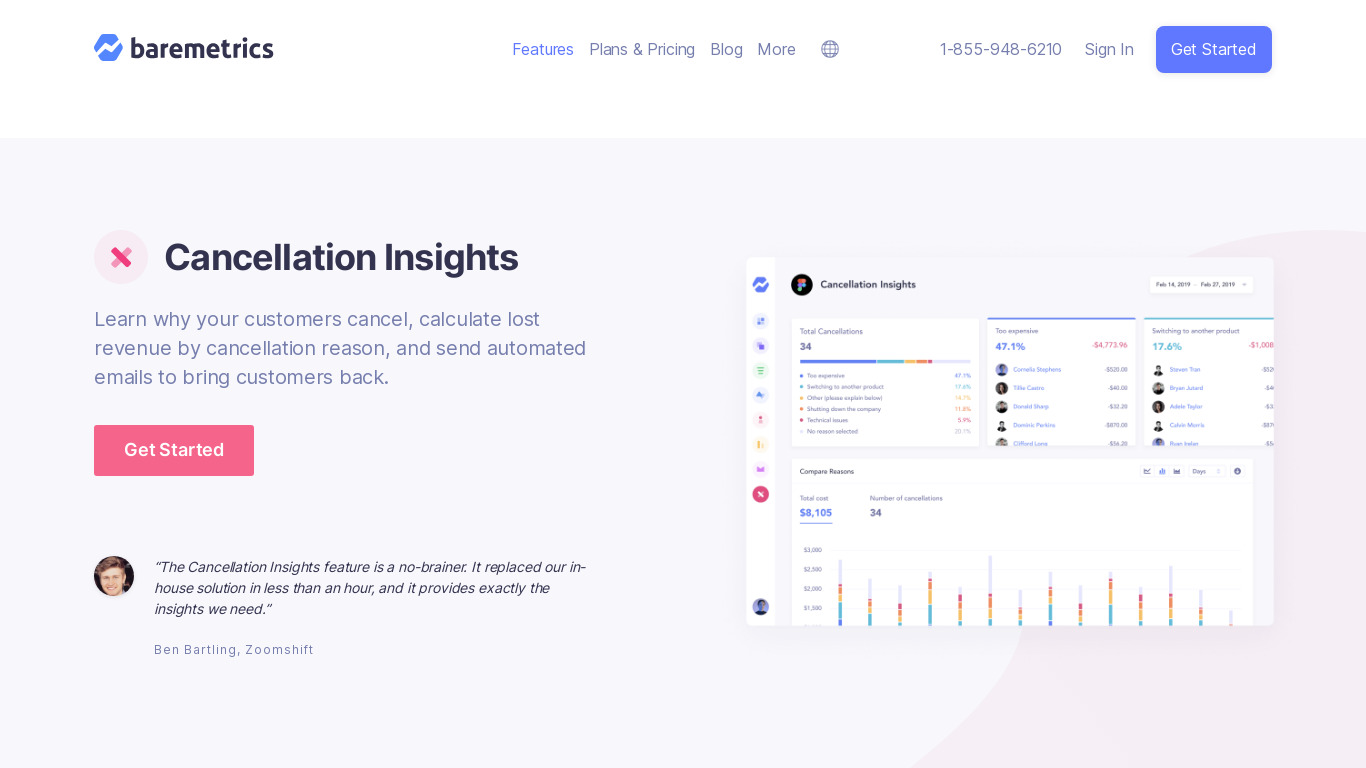 Baremetrics Cancellation Insights Landing page