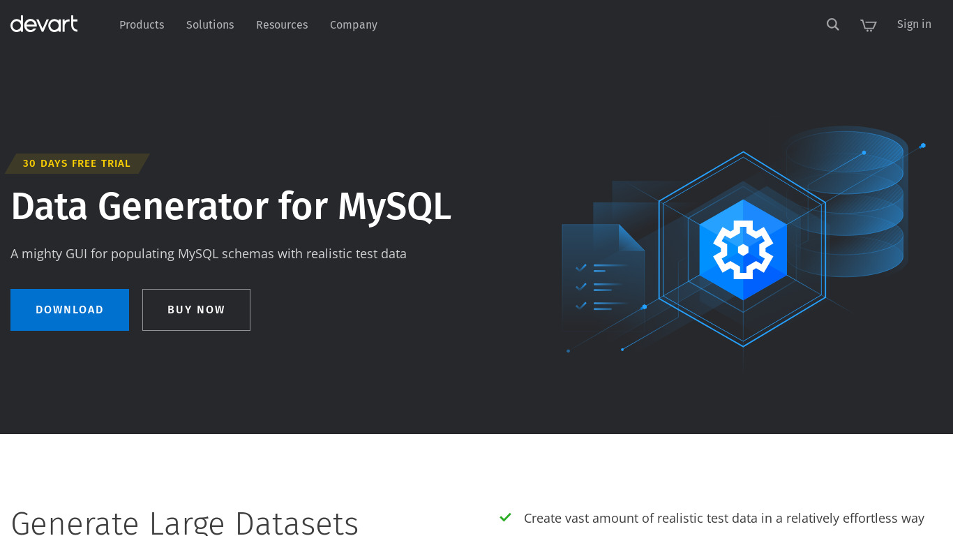 Devart Data Generator for MySQL Landing page