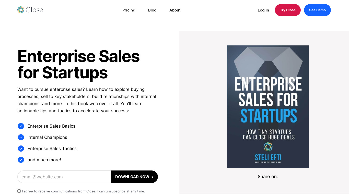 Enterprise Sales For Startups Landing page
