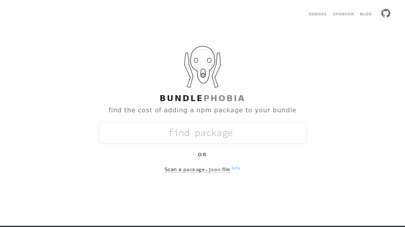 BundlePhobia Landing page