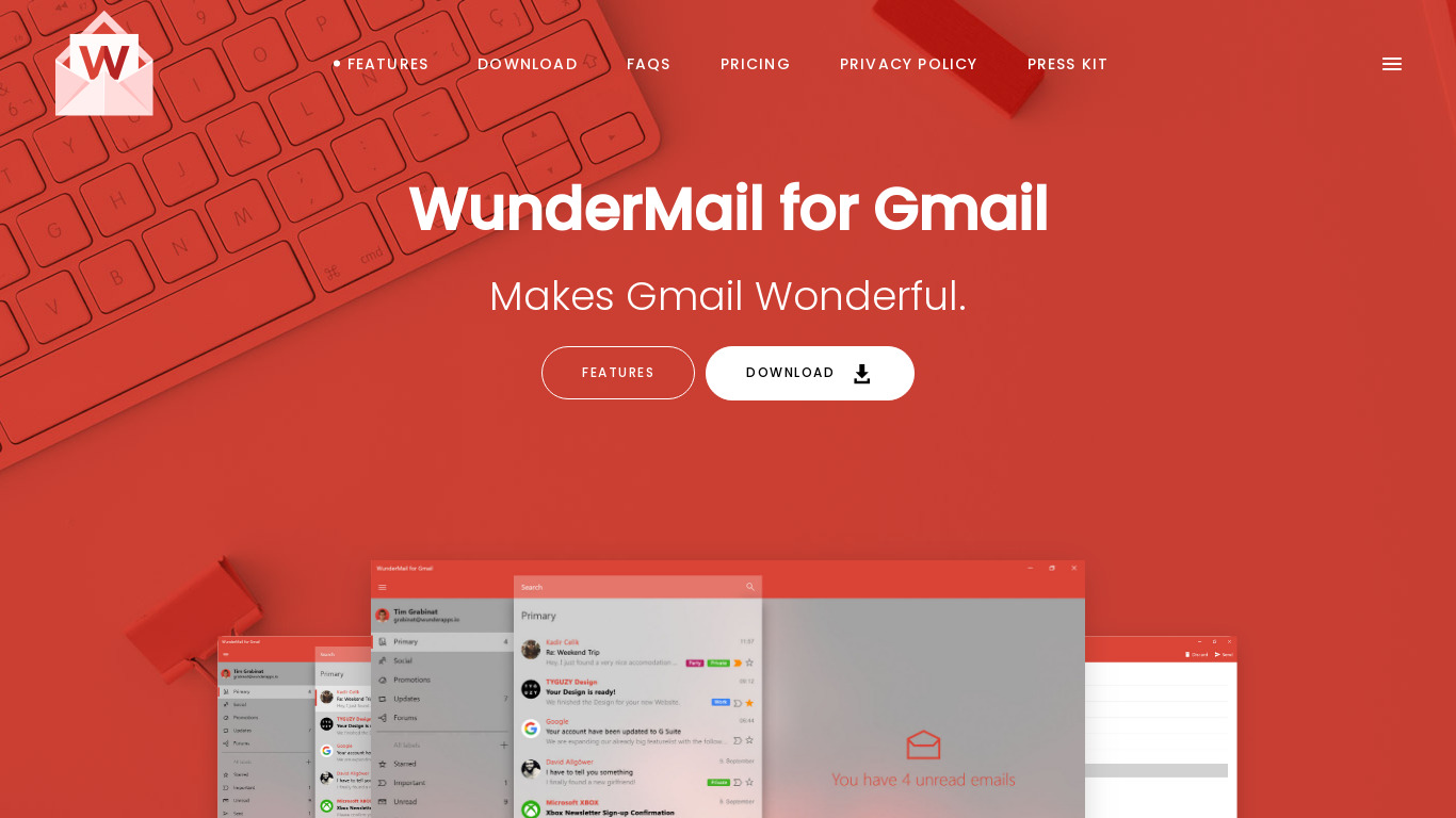 WunderMail for Gmail Landing page
