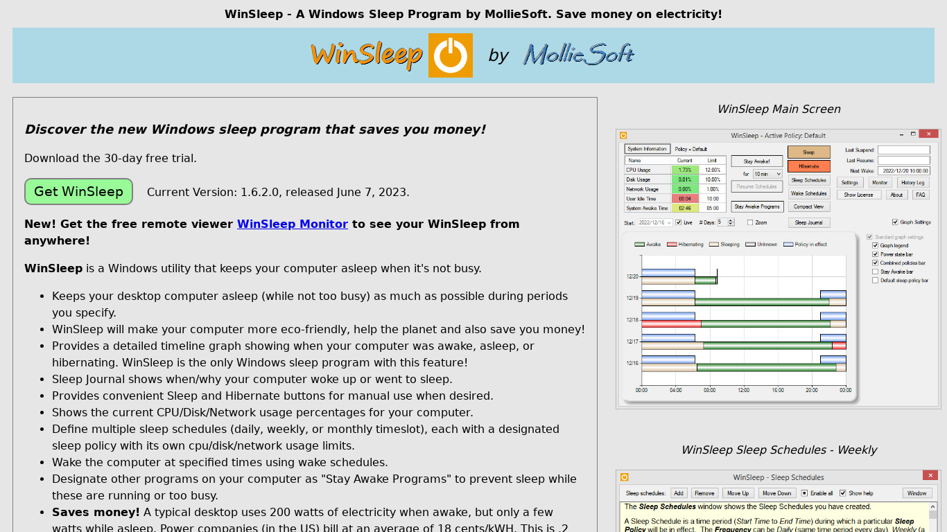 WinSleep by MollieSoft Landing page