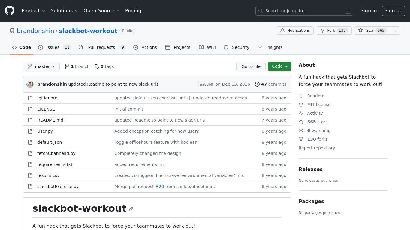 Slackbot Workout Landing page