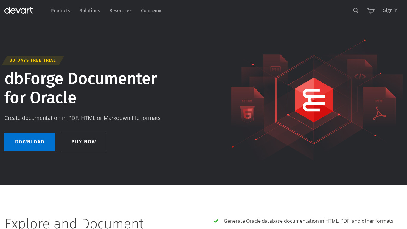 Devart dbForge Documenter for Oracle Landing page