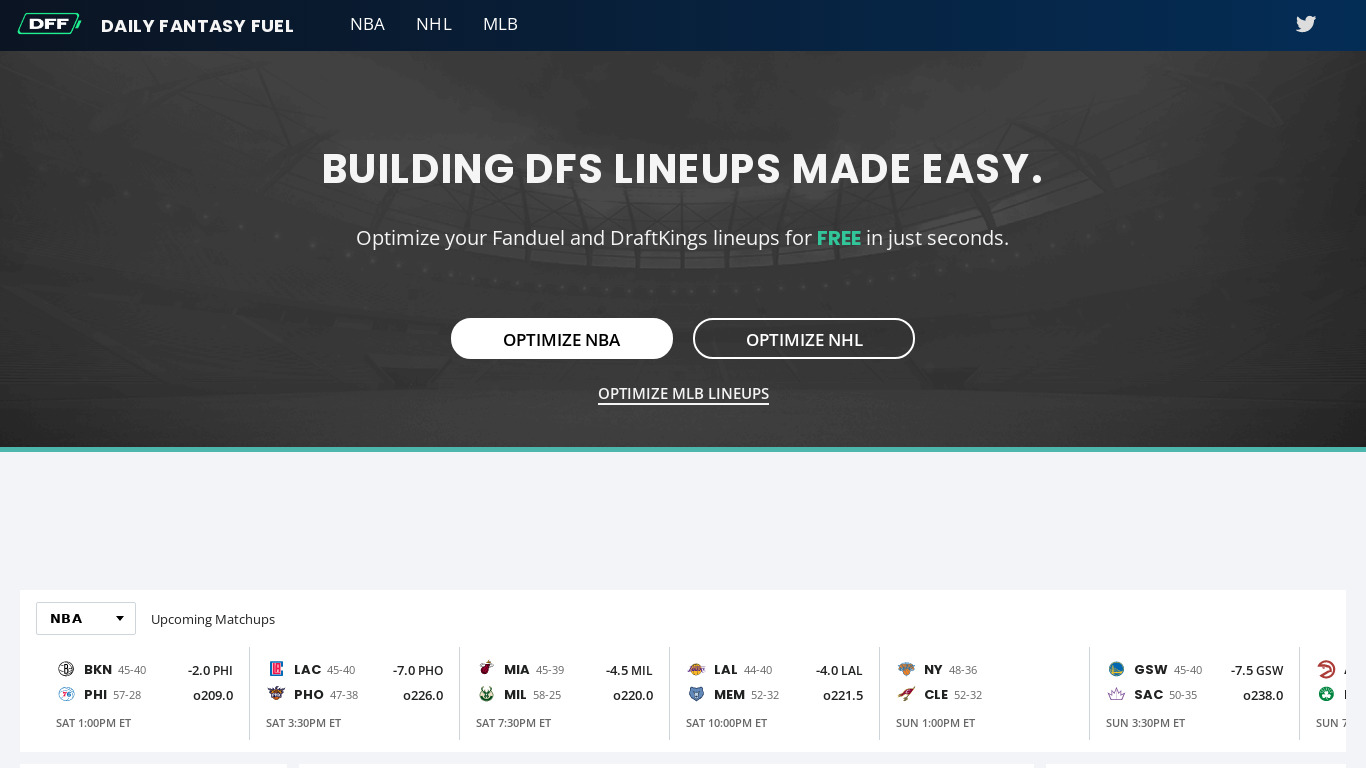 Daily Fantasy Fuel Landing page