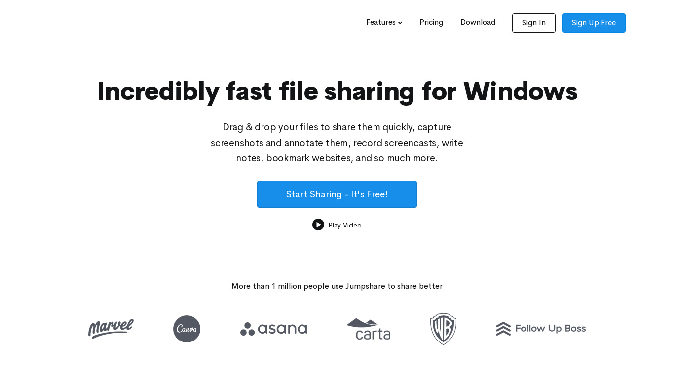 Jumpshare for Windows Landing page
